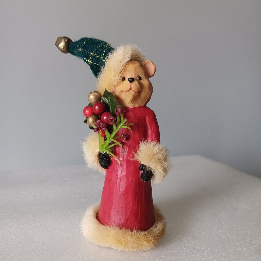 Teddy Bear Figurine Christmas Decor Green Santa Hat Faux Fur Red Robe 4.5" Tall